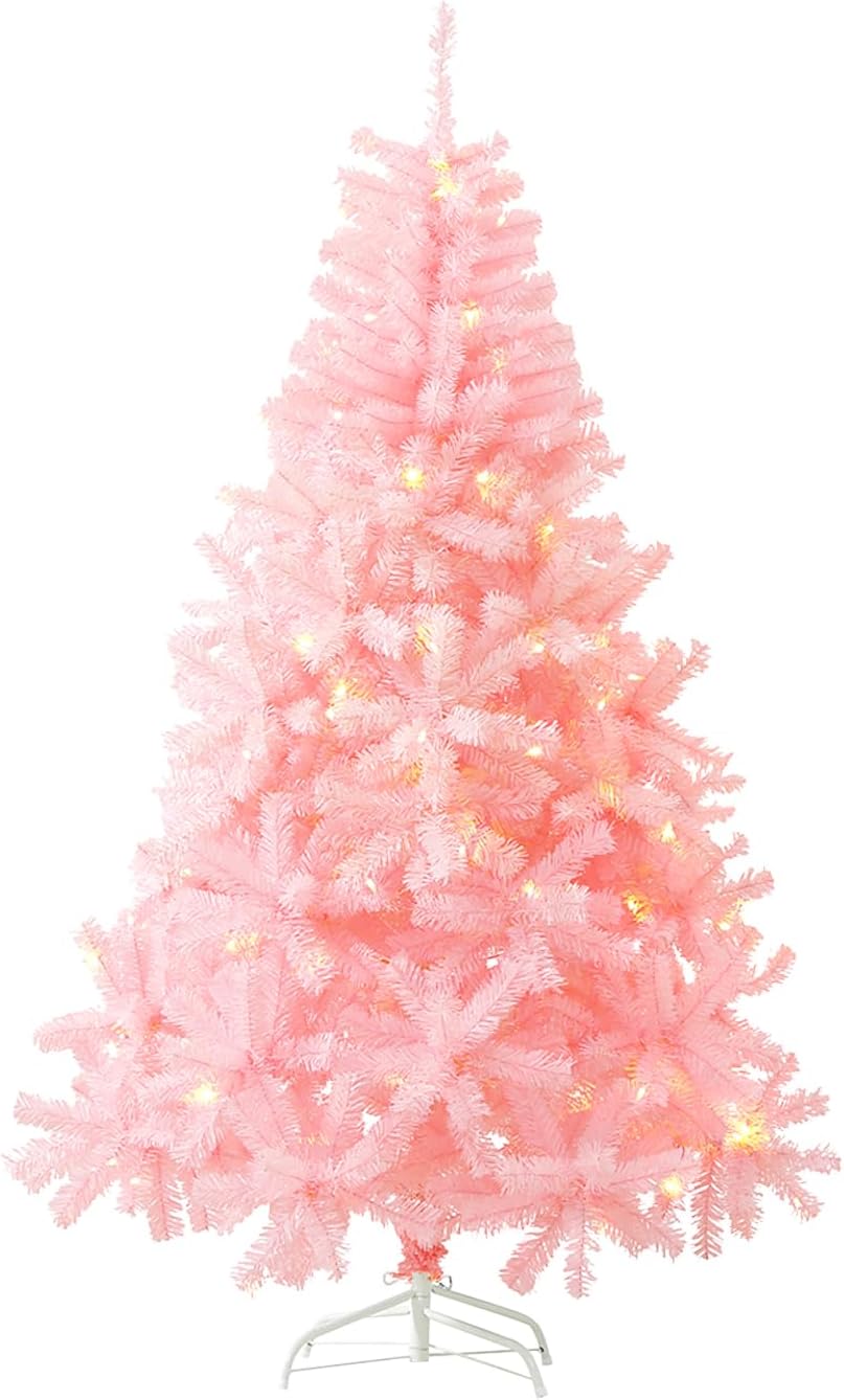 6Ft Pink Artificial Christmas Tree with Lights Hinged Branches Douglas Fir Christmas Tree with Metal Stand for Holiday Festival Parties Home Office Decoration, 8 Modes Warm White 200 LED Lights