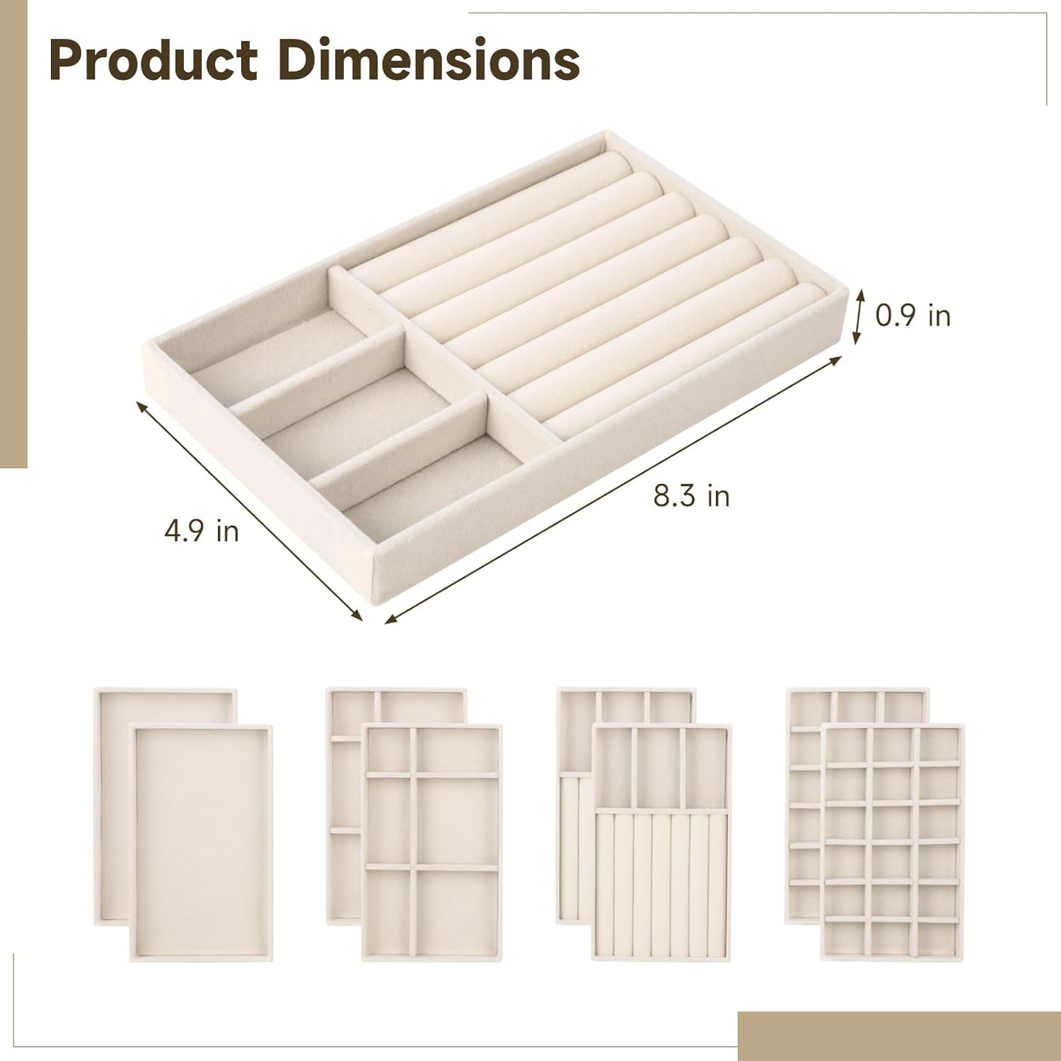 Homaisson Jewelry Drawer Organizer, Velvet Jewelry Tray, Multiple Compartment Layout, Set of 4 Jewelry Organizer for Rings, Earrings, Bracelets, Necklaces (Beige)