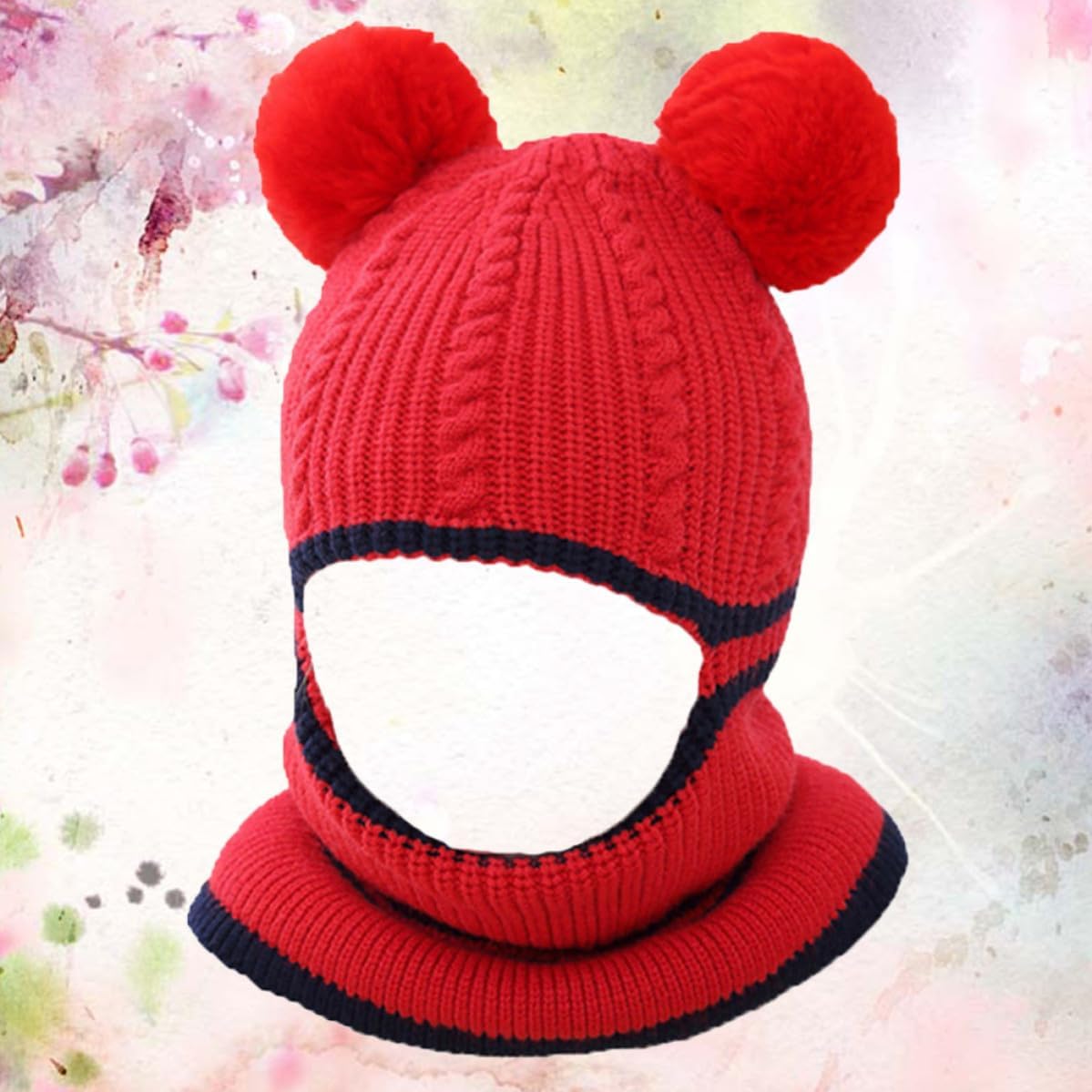 Warm Woolen Hat with Scarf Integrated for Autumn Winter Red