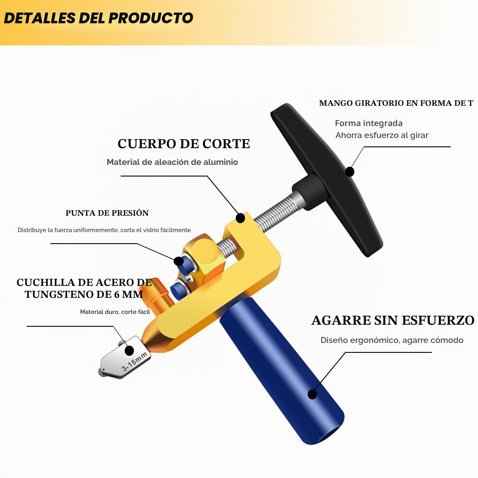 Cortador manual de azulejos y cristal, herramienta de corte 2 en 1 con 3 cuchillas de acero de tungsteno, 8 contactos para el hogar, cristal de ventana, espejo, azulejos, azulejos esmaltados