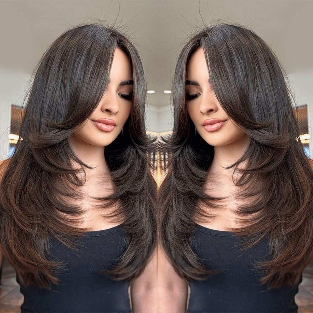 220% Glueless Ombre Brown Wigs Human Hair Layered With Bangs Pre Plucked Pre Bleached Straight Real Hair Wigs for Daily Use or Party Wig 13x3 Ombre UHD Lace Wig Human Hair for Women 22 Inch