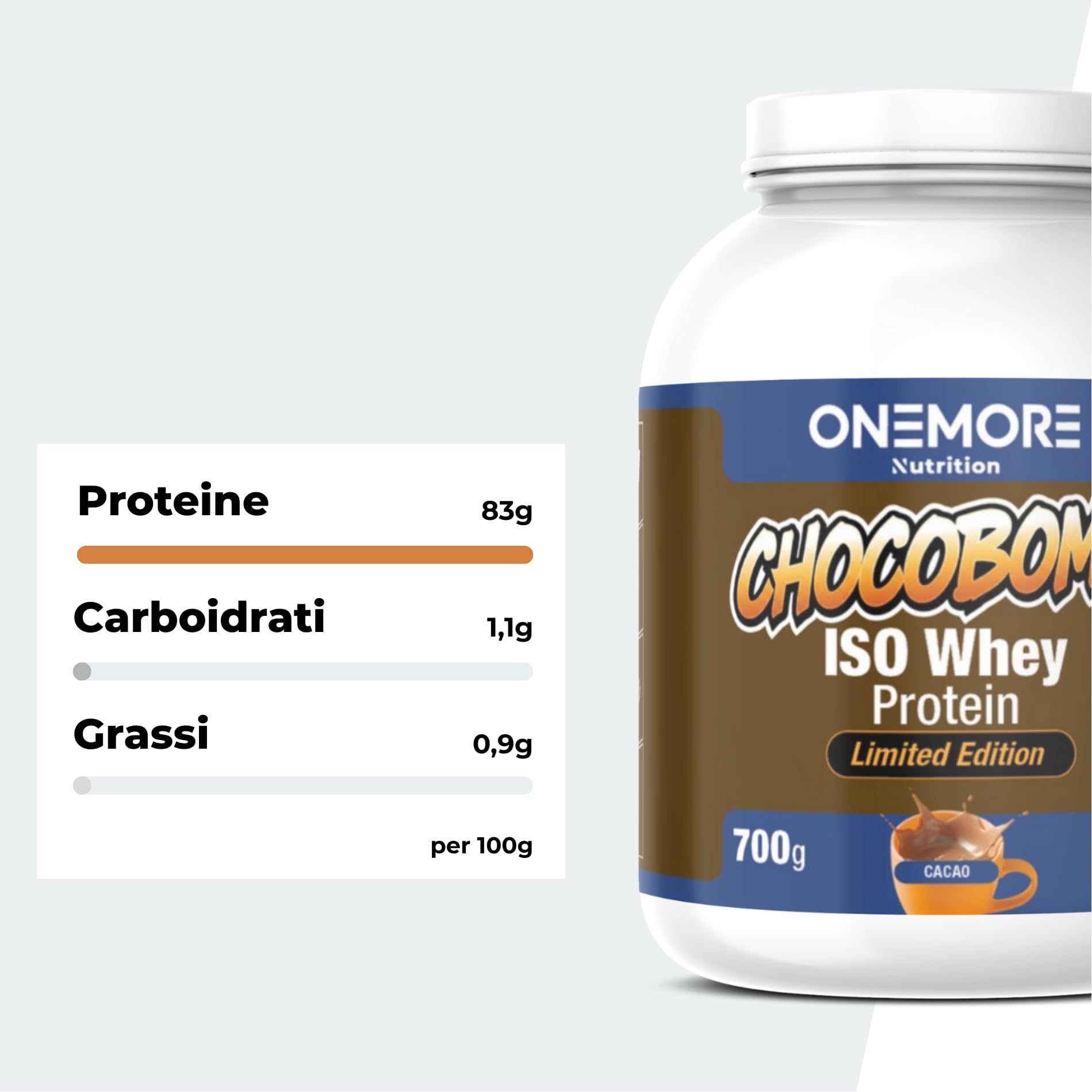 ONEMORE Chocobomb ISO Whey Protein Cioccolato - Proteine Isolate del Siero di Latte - Zero Zuccheri Aggiunti - Alta Digeribilità - Recupero Muscolare Post Workout