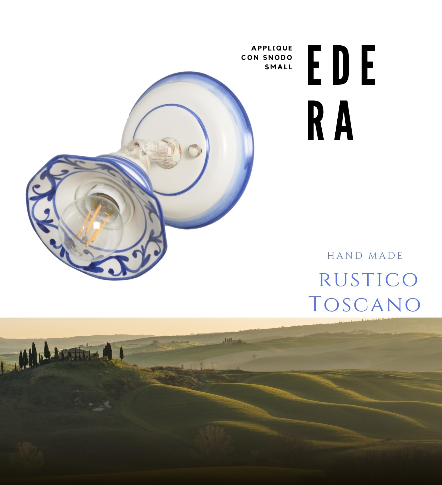 VANNI LAMPADARI - Applique da Parete Interno Edera - Lampada da Parete Orientabile con Snodo- in Ceramica Decorata a Mano - Applique Camera da Letto - Bagno - Cucina – Soggiorno, Blu