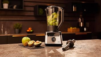 Braun Standmixer PowerBlend 7 JB7550BK Mixer mit dreieckigem Glasbehälter 10 Geschwindigkeiten + Pulsfunktion PrecisionCrush-Klinge Reinigungsprogramm Stampfer & 600 ml Flasche 1400 W Schwarz