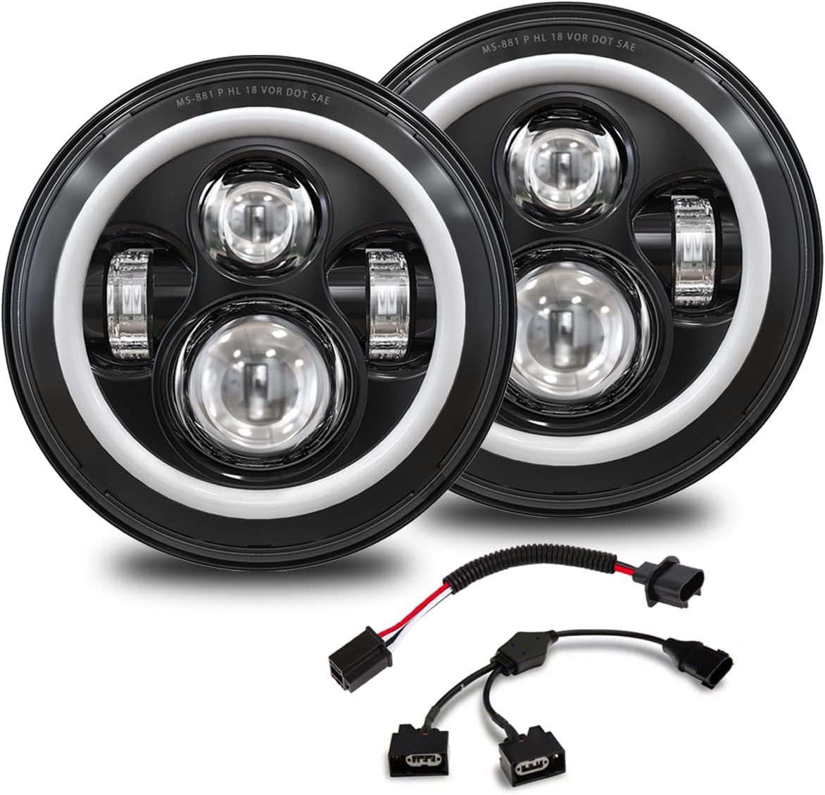 7 Inch LED Halo Headlights with Turn Signal Amber White DRL Compatible with 2007-2017 Jeep Wrangler JK JKU Headlamp Replacement-1 Pair Black