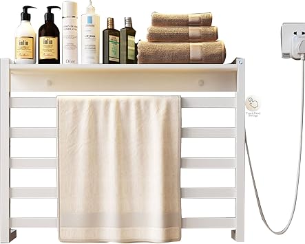 Exquisite Bathroom Shelves Towel Heater Rack for Bathroom, 5-Bar Electric Towel Warmer Rack with Top Shelf, Wall Mounted Heated Towel Bar Plug inSizeEU Voltage,ColorWhite
