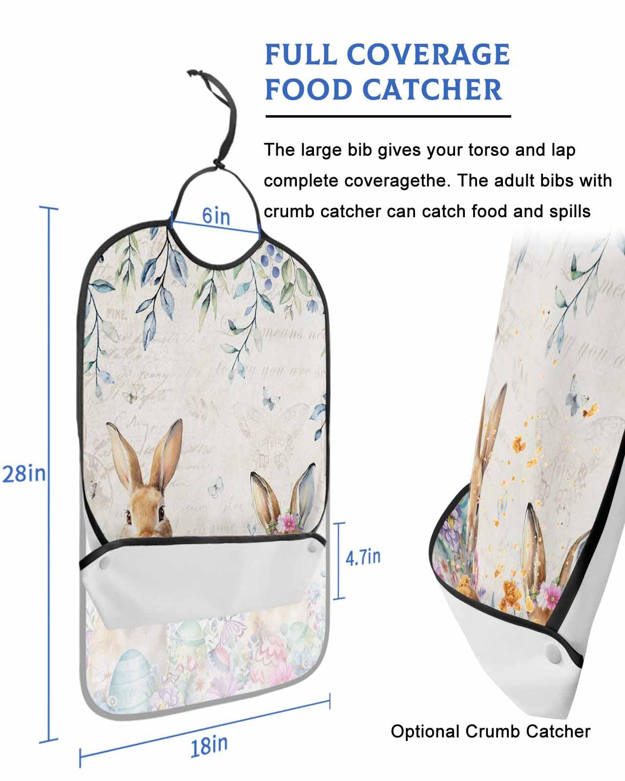 LEOKOTI Easter Adult Bibs for Eating, Waterproof Bibs with Food Catcher & Snap Closure, Farmhouse Bunny Spring Eucalyptus Leaves Floral Eggs Washable Clothing Protectors Adult Bibs for Elderly
