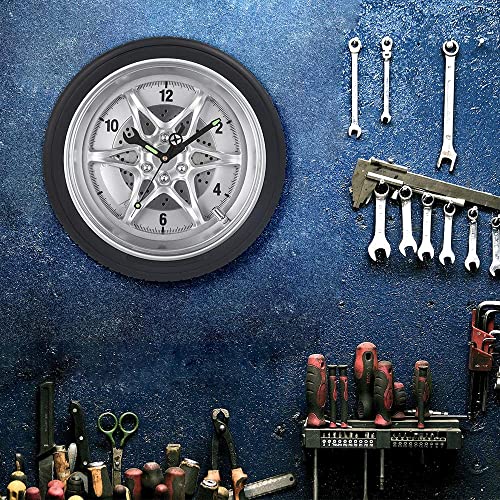 Skynature Wall Clock Battery Operated, 14 Inch Tire Wall Clock Non Ticking, Garage Clock Wall Decor For Living Room, Mechanic Auto Shop, Racecar Theme Room, Man Cave - Black #TOP1