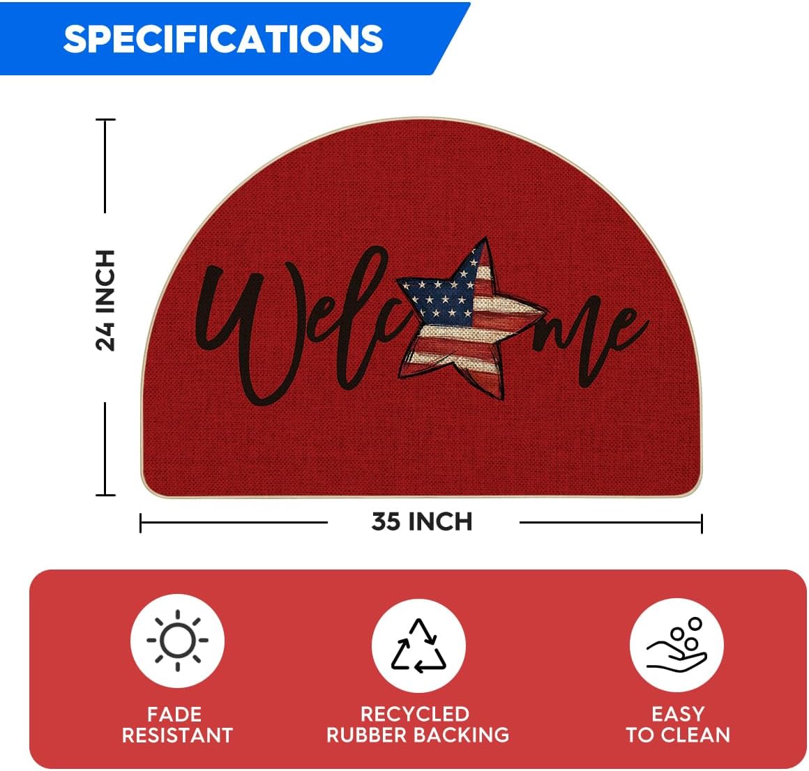 Artoid Mode Red American Flag Stars 4TH of July Semicircular Doormat, Memorial Day Home Decor Low-Profile Switch Rug Door Mat Floor Mat for Indoor Outdoor 24x35 Inch