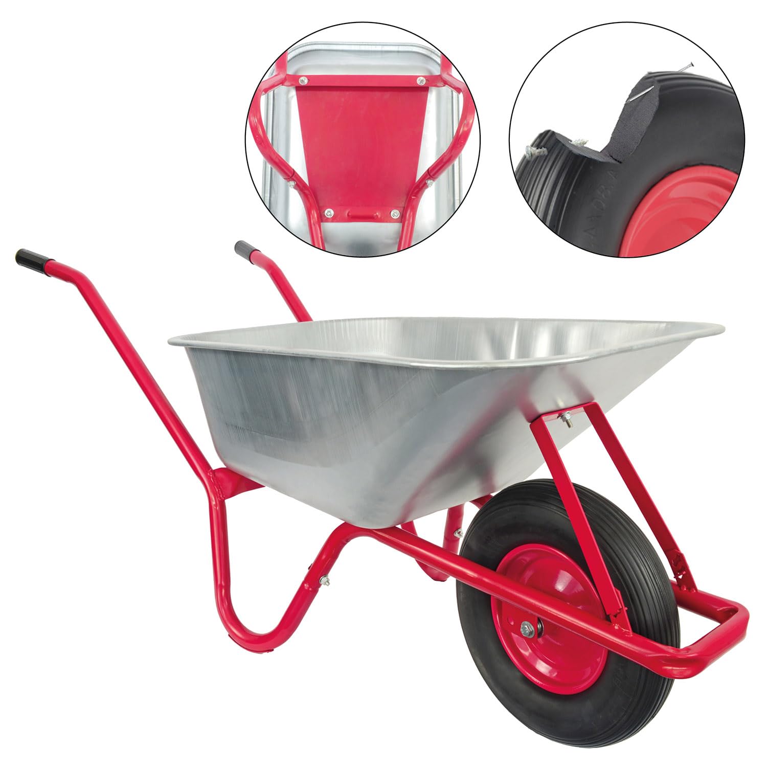 Matrix Schubkarre Profi 100l Liter 250 kg mit zusätzlichem Bodenblech pannensicheres PU-Rad Schubkarren groß Garten Scheibtruhe Bauschubkarre | Mulde verzinkt | Metall Felge mit Kugellager | Farbe rot