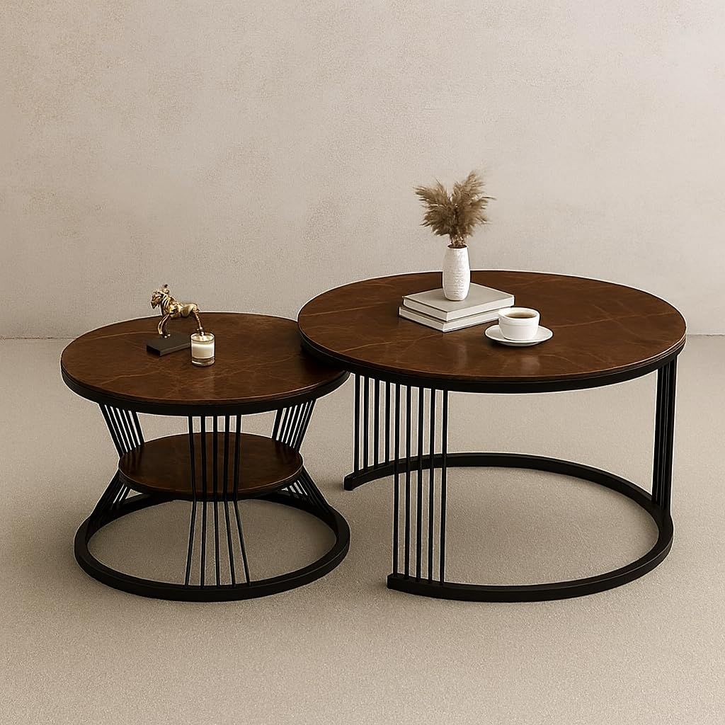 ABSARS Modern Round Nesting Coffee Tables Set, White Marble Top with Gold Base, Metal Frame (Brown Black)-image-1