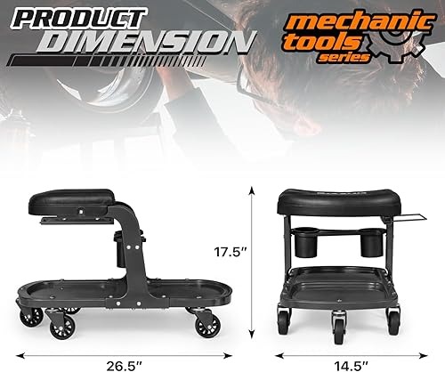 Miniatura 2 de M-AUTO Asiento de rodillo de garaje resistente para mecánico de tallerestaburete de tienda con bandeja de herramientas y estante para equipos,