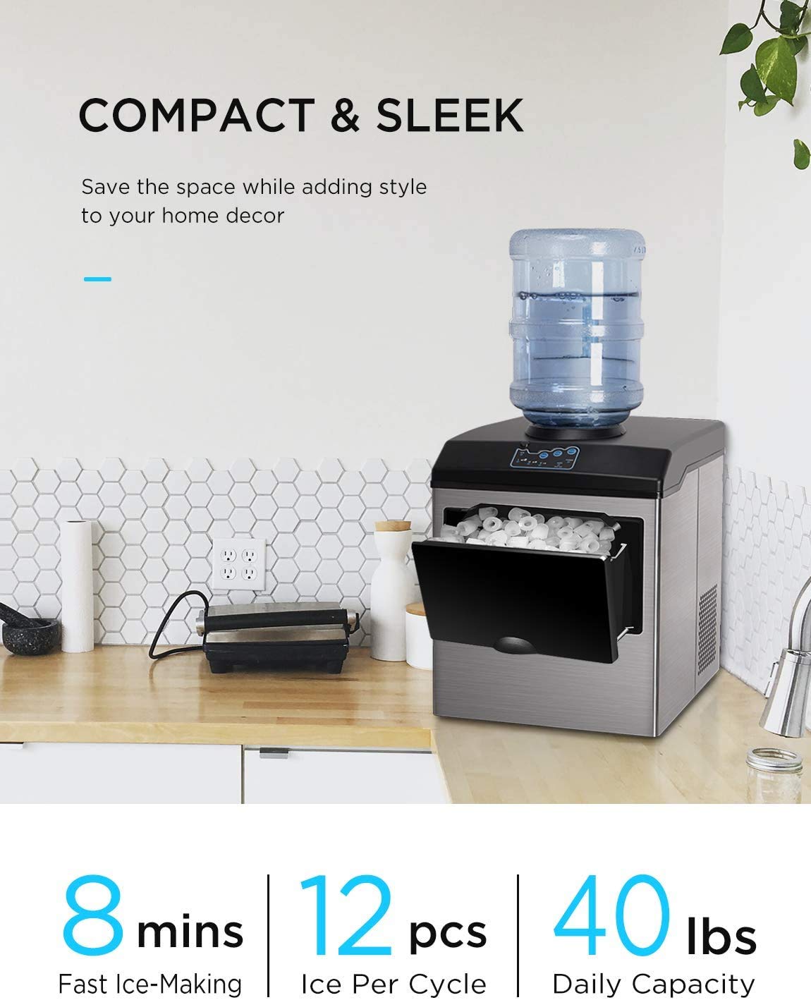 WATOOR ice maker on a kitchen countertop, showing its compact size.
