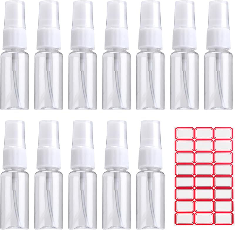 Paidiem Frascos Spray Recarregáveis de 20 mL, Pacote com 12, Plástico Transparente, com Névoa Fina e 24 Etiquetas
