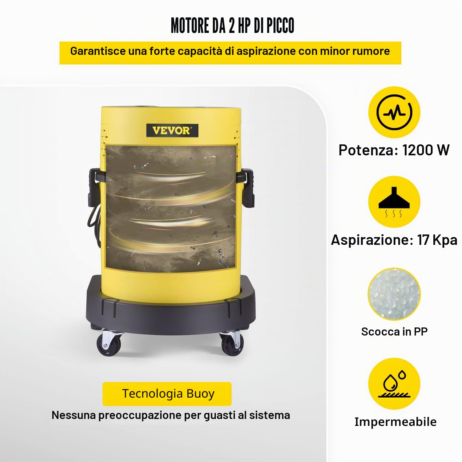 VEVOR Bidone Aspirapolvere con Filo Portatile Umido e Secco a Pressione 1200W Capacità di Cilindro 20L, Aspiracenre con Filtro HEPA 17Kpa per Cortile Giardino Parco