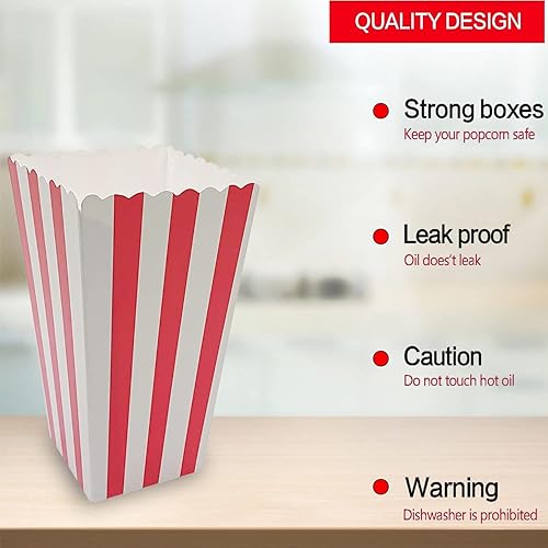 Miniatura 4 de 36 cajas de palomitas de maíz, mini caja de papel para palomitas de maíz, contenedor para decoraciones nocturnas de películas, rayas blancas y rojas
