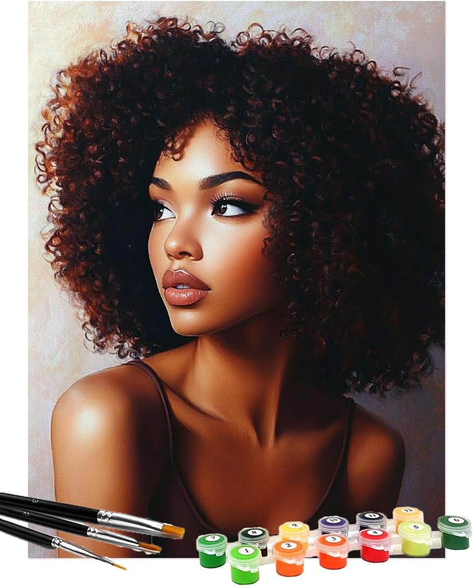 African American Curly Hair Woman Paint by Numbers Kit for Adults Beginner 12x16 Inch Acrylic Oil Painting by Numbers Kits with PaintBrushes Art Crafts Canvas for Home Decor 3463