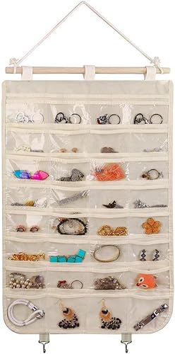 BB Brotrade Organizador colgante de joyas, organizador de accesorios, organizador de 32 bolsillos para guardar joyas (Beige, 32 bolsillos)