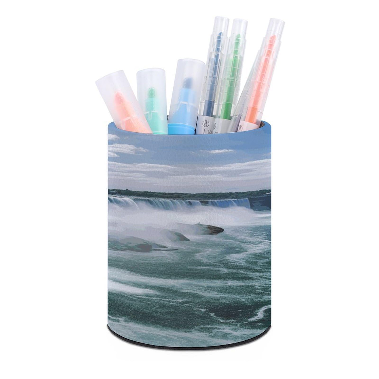 FekiLoot Niagara Falls Pen Holder Cup Fashion PU Leather Pencil Cup Minimalist Pen Organizer Round Pencil Holder Stand Work Locker Accessories for Decoration Desk Office Home