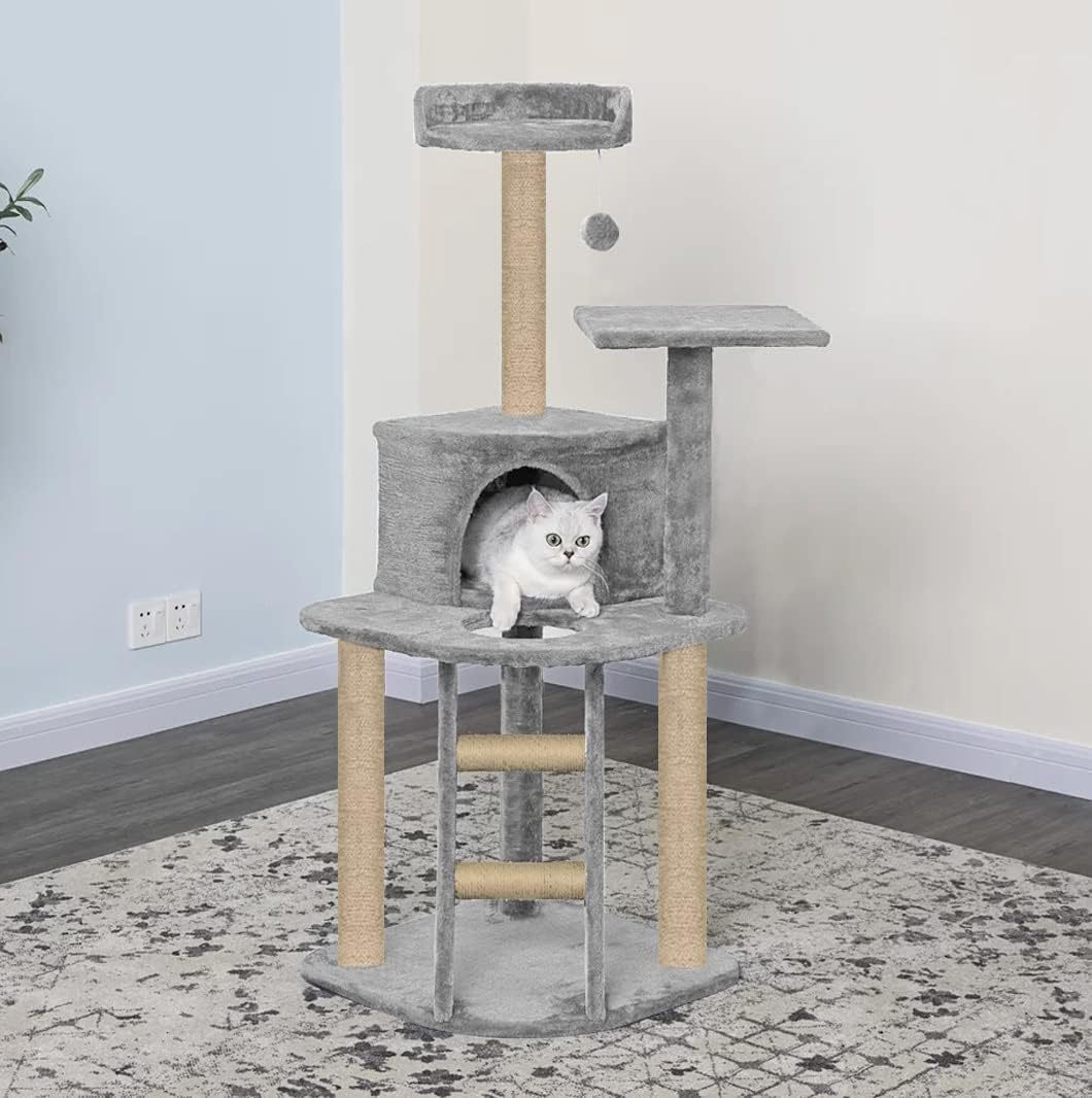 FURRLOVERS Plush Fur Fabric Kitten Cat Tree - Climbing Ladder | Top Perch | Spacious Condo | Furry Ball | Jute Rope Scratching Posts (Medium) (Grey - FURR-49) (B0CSJX5M33) Amazon Price History, Amazon Price Tracker