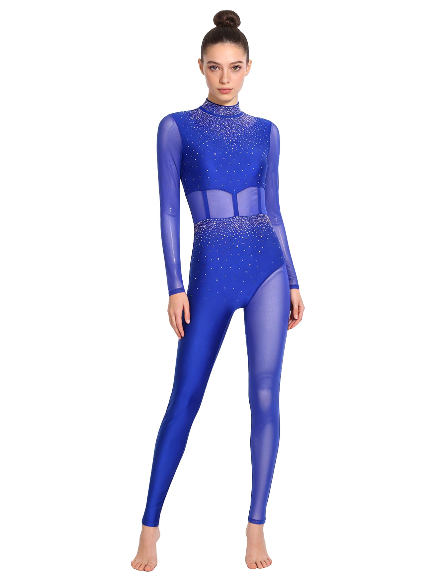 inhzoy Body Ginnastica Ritmica Donna Manica Lunga Balletto Body Danza Classica Moderna Tuta Intera da Pattinaggio Artistico con Strass Jumpsuit Tutina Dancewear