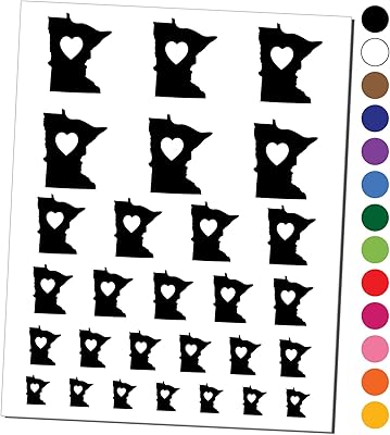 Minnesota State with Heart Temporary Tattoo Water Resistant Fake Body Art Set Collection - Black (One Sheet)