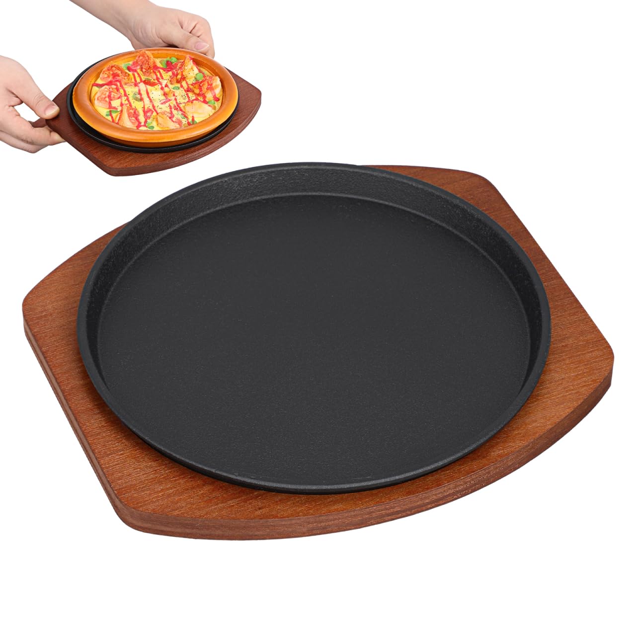 UKCOCO Cast Iron Sizzle Plate with Wooden Base for Grill 19cm