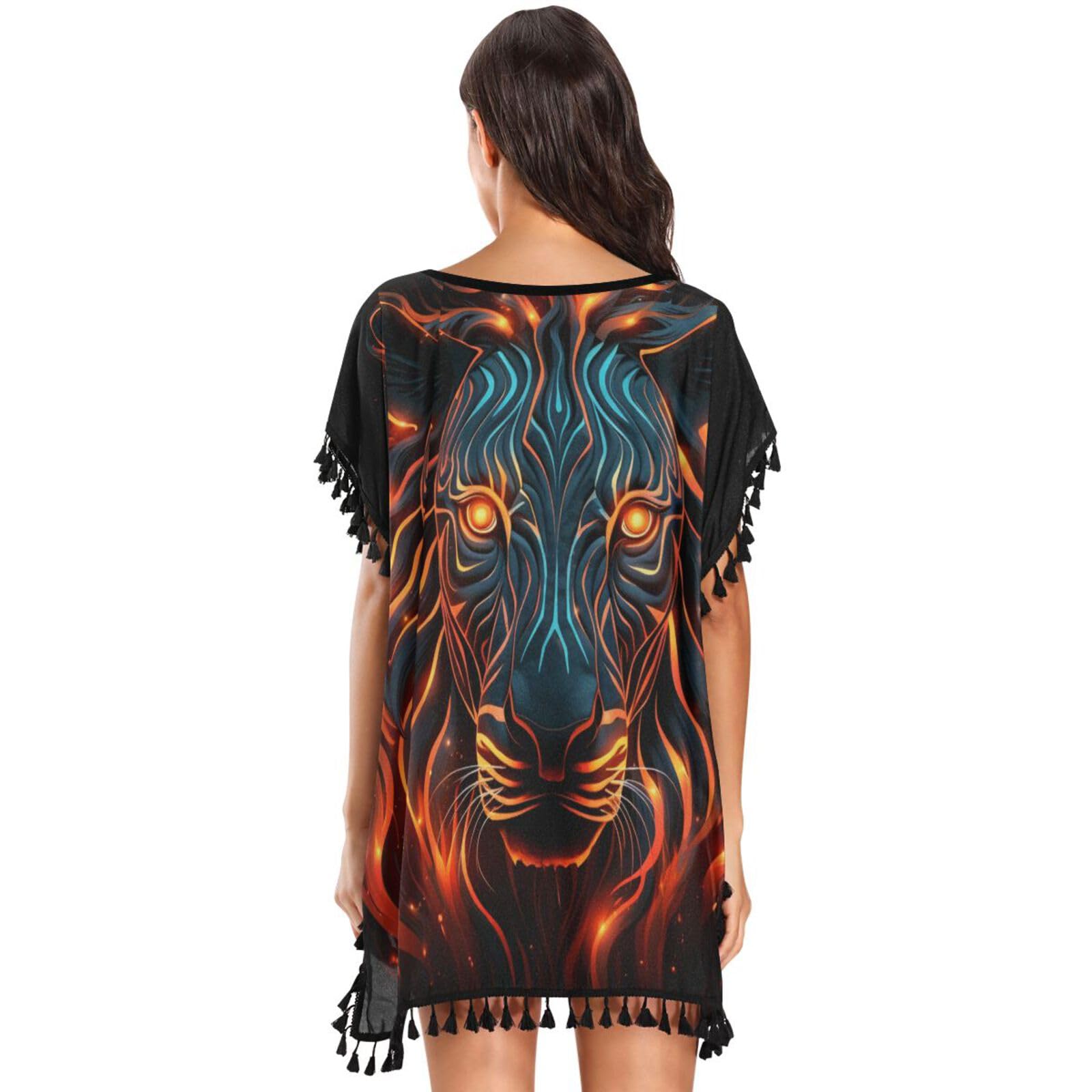 Fire Animal Art Zebra Women's Beach Cover Up Chiffon Tassel Swimwear Swimsuit Coverups for Girl