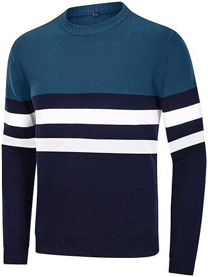 Men's Roundneck Soft Knitted Sweatshirt Color Block Striped