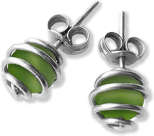 Frosted Lime Green Sea Glass 6mm Cage Wrap Post Earrings in Steel, Black Iron, Titanium, Sterling Silver,14K Rose Gold or 14k Gold Wire (Handmade)