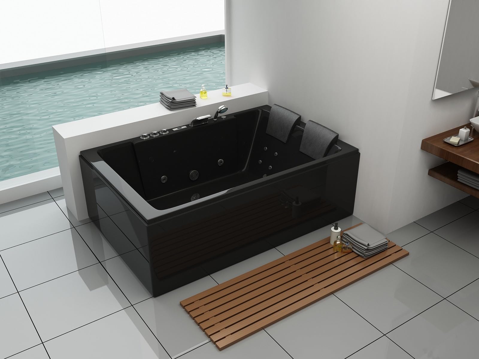 Whirlpool Torino, 180 x 120 cm, colore nero, vasca idromassaggio per interni per 2 persone con 14 idrojet e 8 airjet, riscaldamento, luce a LED, sistema audio Bluetooth e cascata