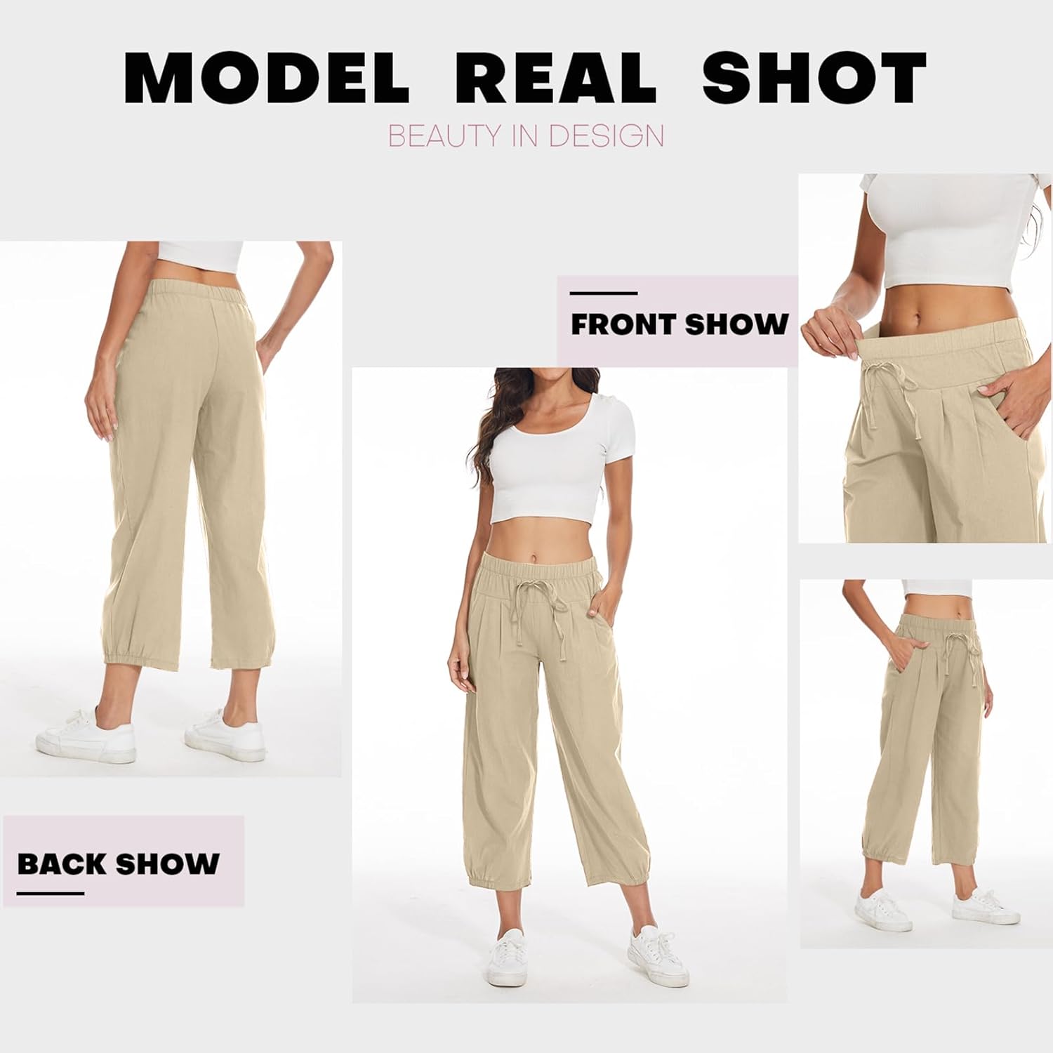 TBA Women's Casual Pants Summer Wide Leg Capris Drawstring Elastic High Waist Cotton Cropped Trousers with Pockets - Image 6