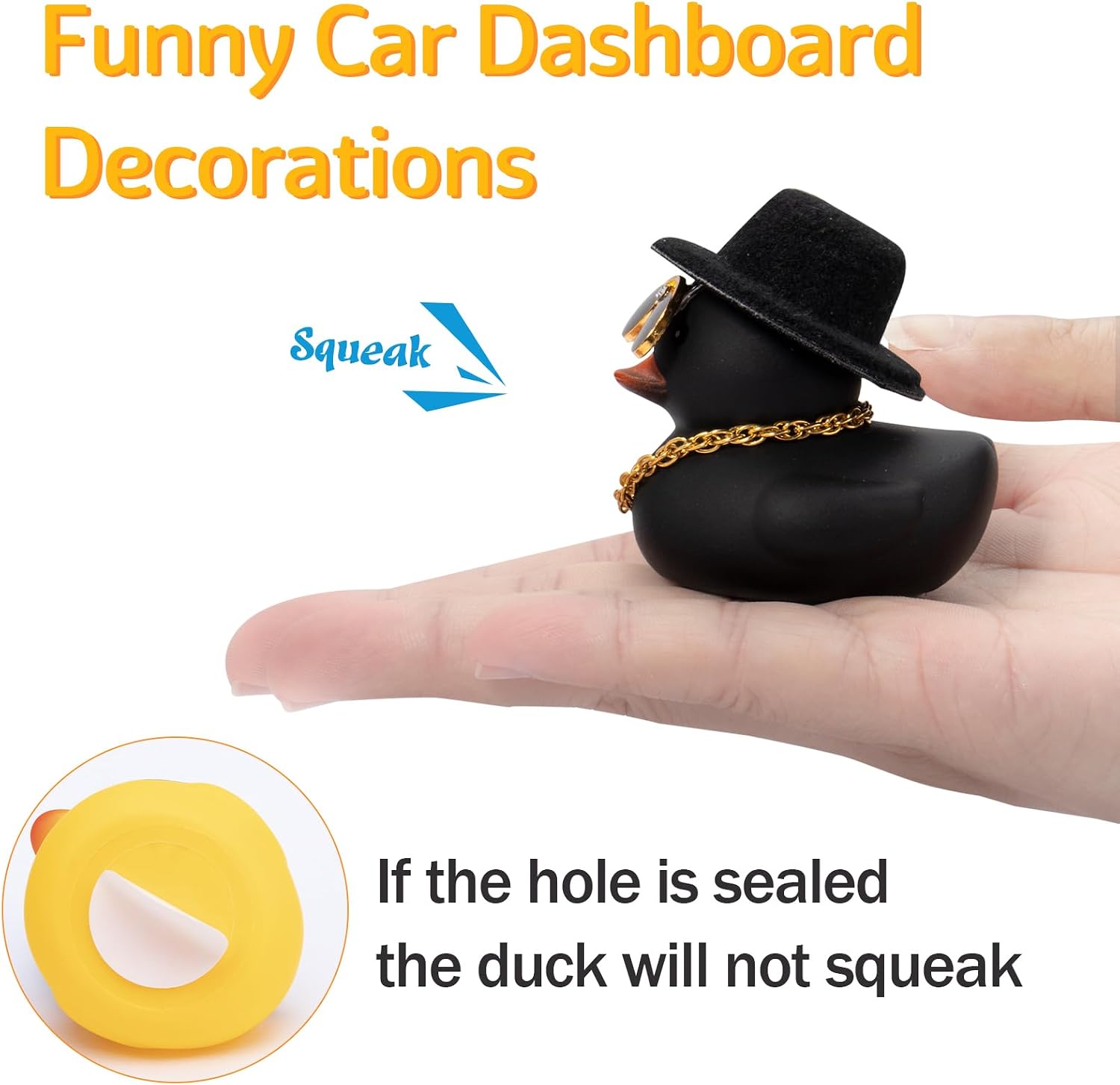 wonuu Car Dashboard Rubber Duck Ornament, Car Decoration Colour Ducks Accessories with Mini Hat Necklace and Sunglasses, M-Black-Top Hat
