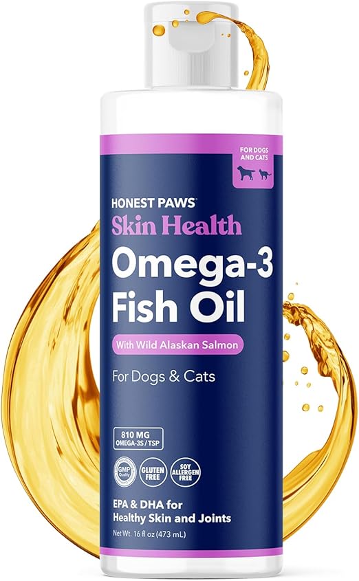 Honest Paws Fish Oil for Dogs - Omega 3 Wild Alaskan Salmon Oil - Healthy Skin, Joints, Nutritional Support, Shiny Coat - Fatty Acid, Pollock Oil - Sustainably Sourced - 16 Oz