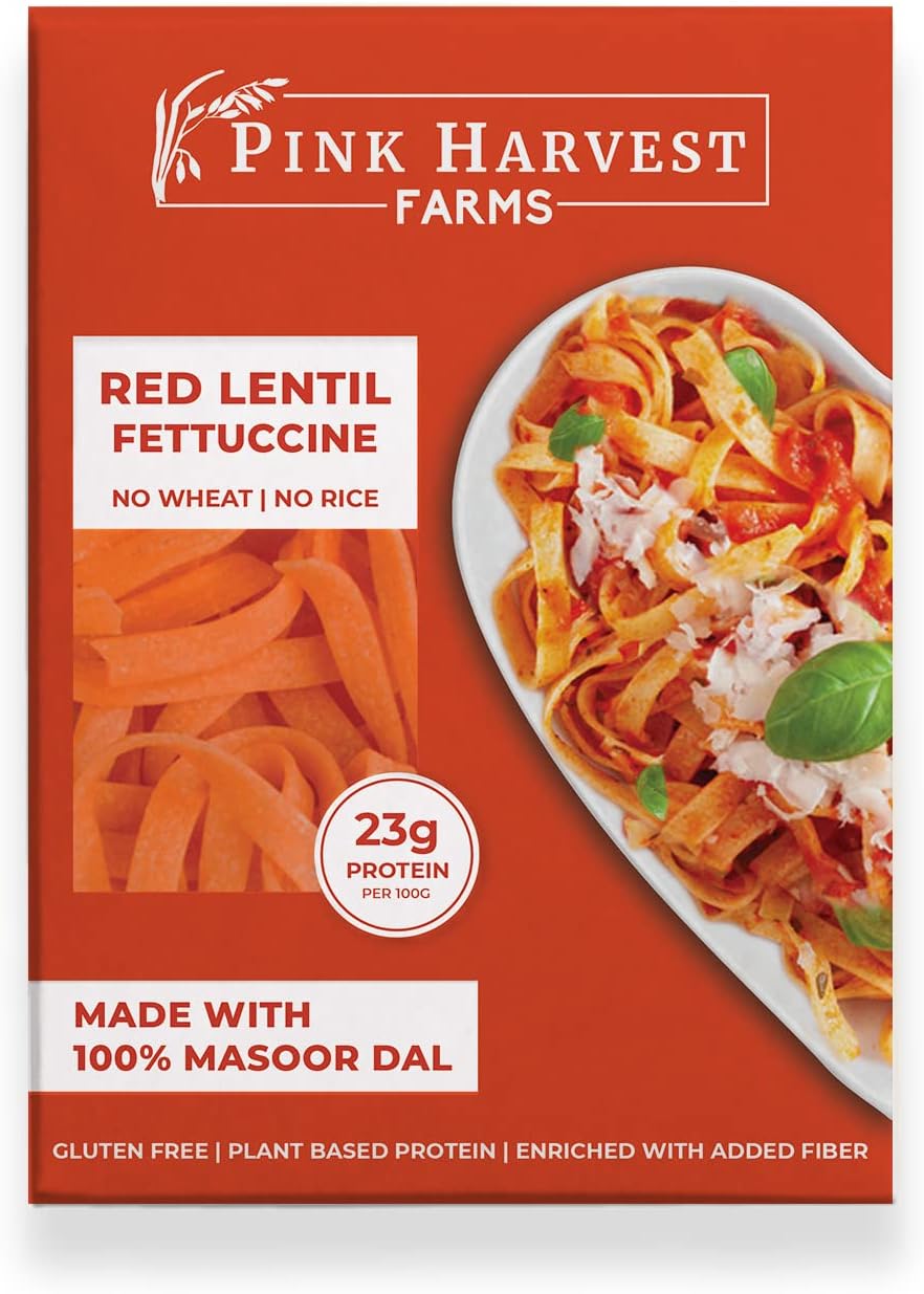 Pink Harvest Farms Red Lentil Fettuccine Pasta | No Rice - No Maida | Vegan | Gluten Free | High Protein | Keto | 200gm Pack (Pack of 1)