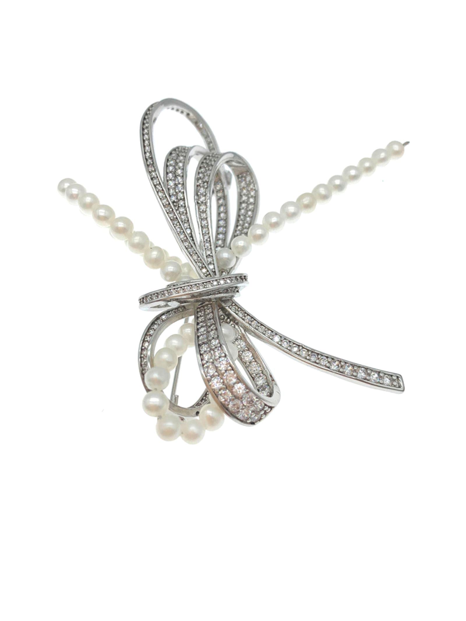 Spilla Perle d'acqua dolce bianche da 3,5-4 mm con fiocco in argento con zirconi cubici per regali per ragazze da donna