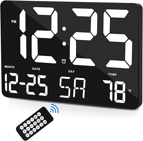 Reloj digital, reloj de pared digital con pantalla LED grande de 11.5 pulgadas, brillo ajustable, con día y fecha, temperatura interior, repetición,