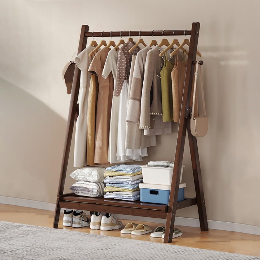Dodobd B Foldable Wooden Clothes Rail - Hanging Rail For Clothes With Ottom Shelves For Storage,Sturdy Garment Rack,Coat Stand For Corridor Living Room Edroom Hallway, L : 60/80/100/120Cm