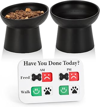 YauYik Ceramic Raised Cat Bowls Black 2 Pack with Pet Feeding Reminder
