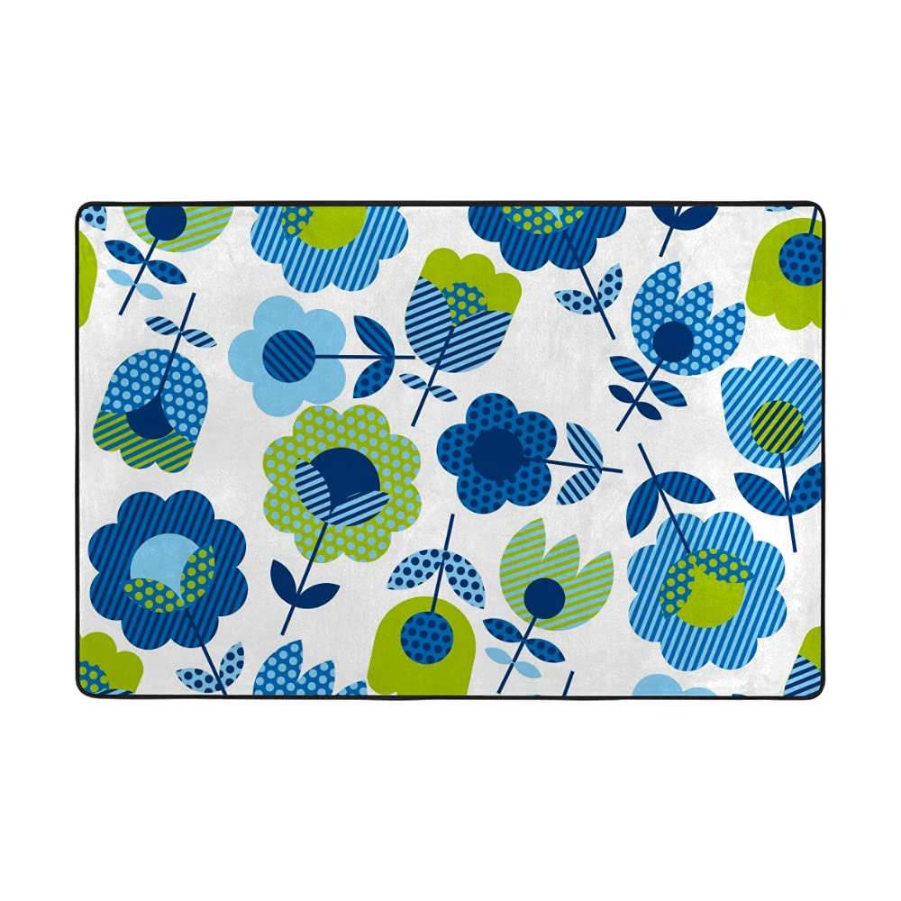 Tapis de sol style folk floral bleu vert corail grand format en velours épais
