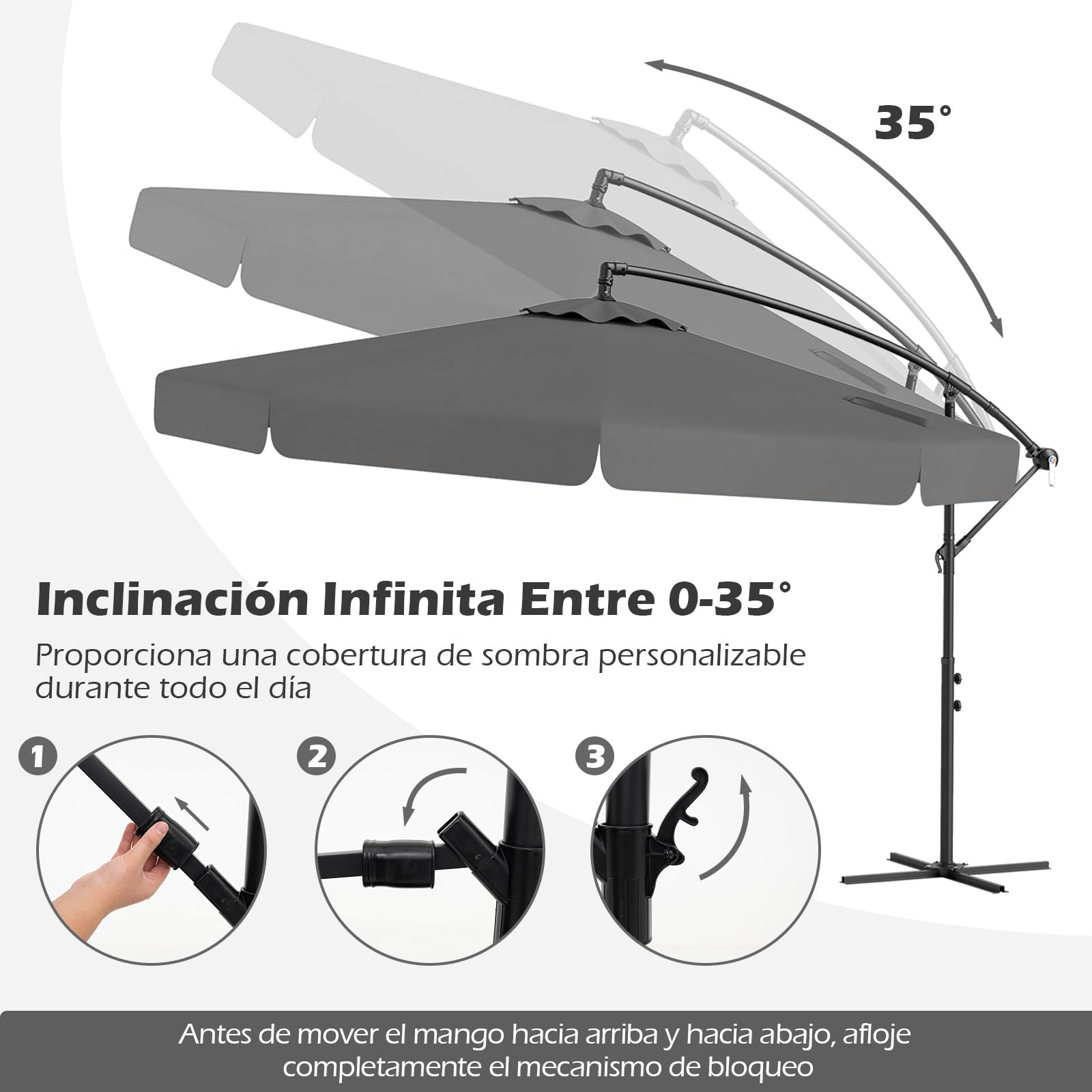 COSTWAY Sombrilla Terraza Exterior Ø290, Parasol para Patio con Funda, Sombrilla Cantilever para Jardin con Ajuste de Inclinación 35°, Manivela, 8 Varillas, Parasol para Jardín Piscina Terraza