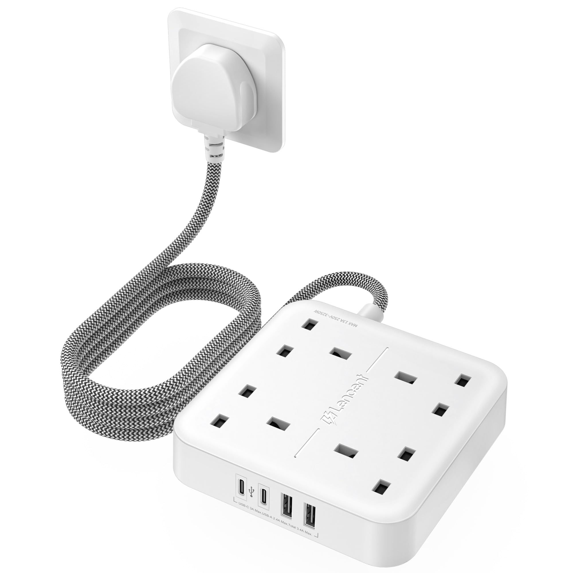 LENCENT Extension Lead with 4 Way Outlets, 3250W 13A Power Strip, 1.8M Braided Extension Cord, 2 USB-C and 2 USB Slots, Multi Power Plug Extension for Home and Office, White