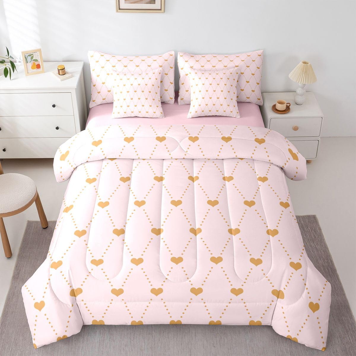 Bowknot Comforter Set 7 Pcs,Gold Heart Grid Bows Print Kids Bed Set,Sweet Girly Print Comforter,Pink and Brown Bedding Queen with Comforter,Fitted Sheet,Flat Sheet,Pillowcases,Pillow Covers