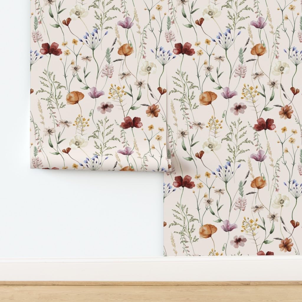 Spoonflower Peel & Stick Wallpaper 6ft x 2ft - Wildflowers Meadow Blush Vintage Flower Botanical Custom Removable Wallpaper