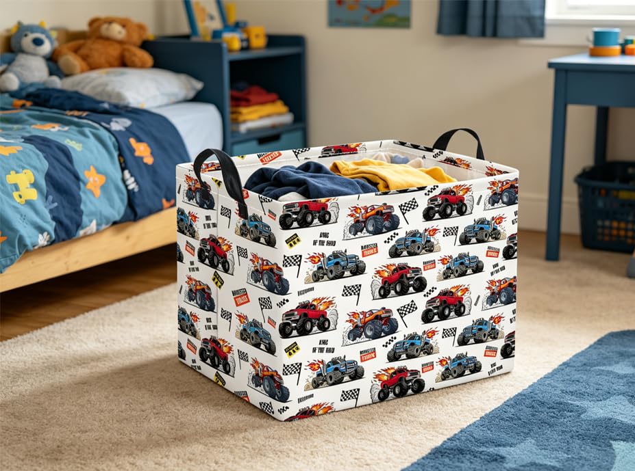 Image of Rectangular Baby Kids Storage Basket for Home Kitchen Girls Cute Toy Storage Bin Organizer Shelf Book Room Decor(Racing Truck)