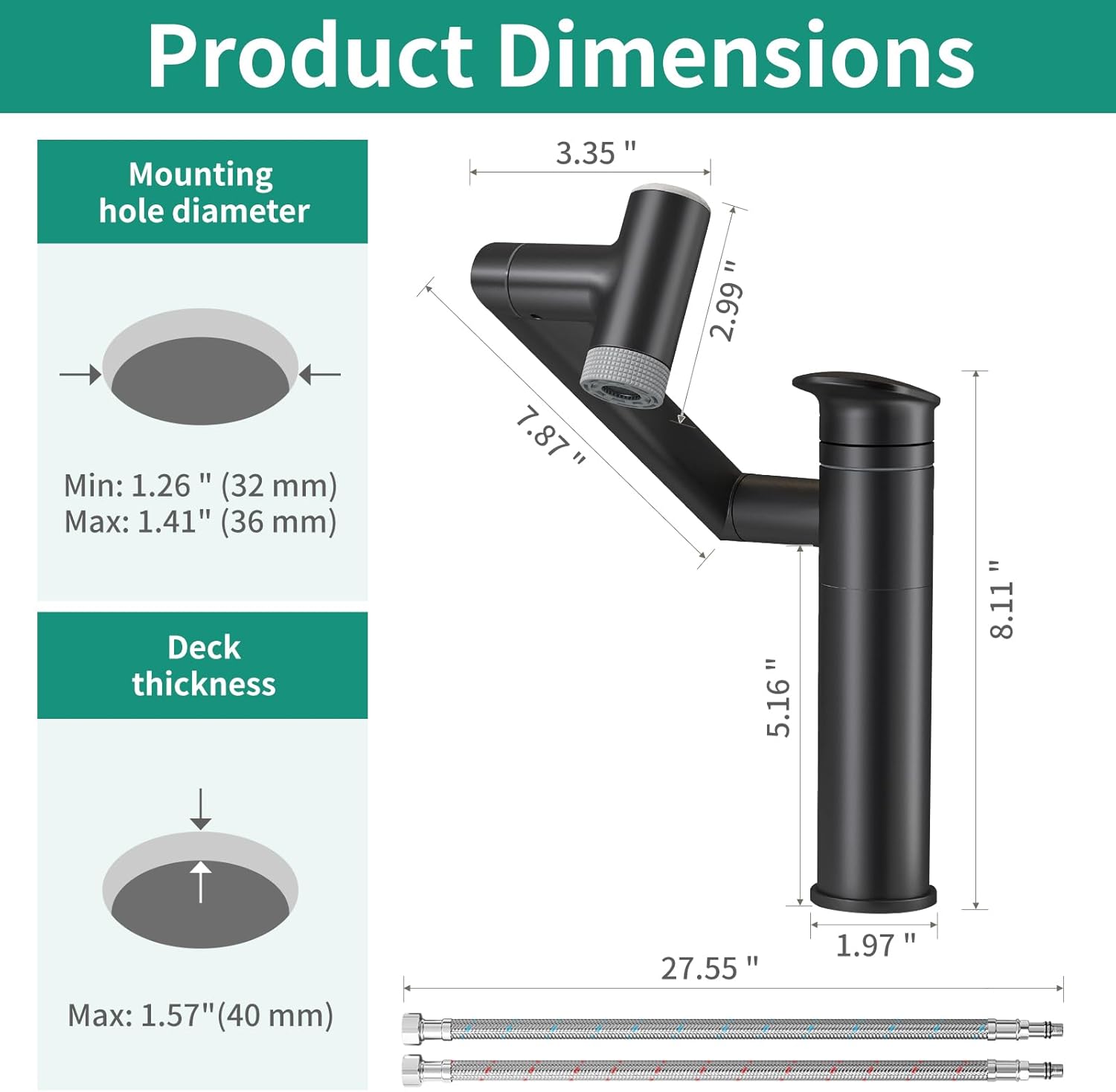 Modern Bathroom Faucet 1 Hole with Temperature Display(Batteries-Free), 1080° Rotatable Single Hole Bathroom Faucet, Single Handle Bathroom Vanity Faucets, 2 Spray Modes (Matte Black)