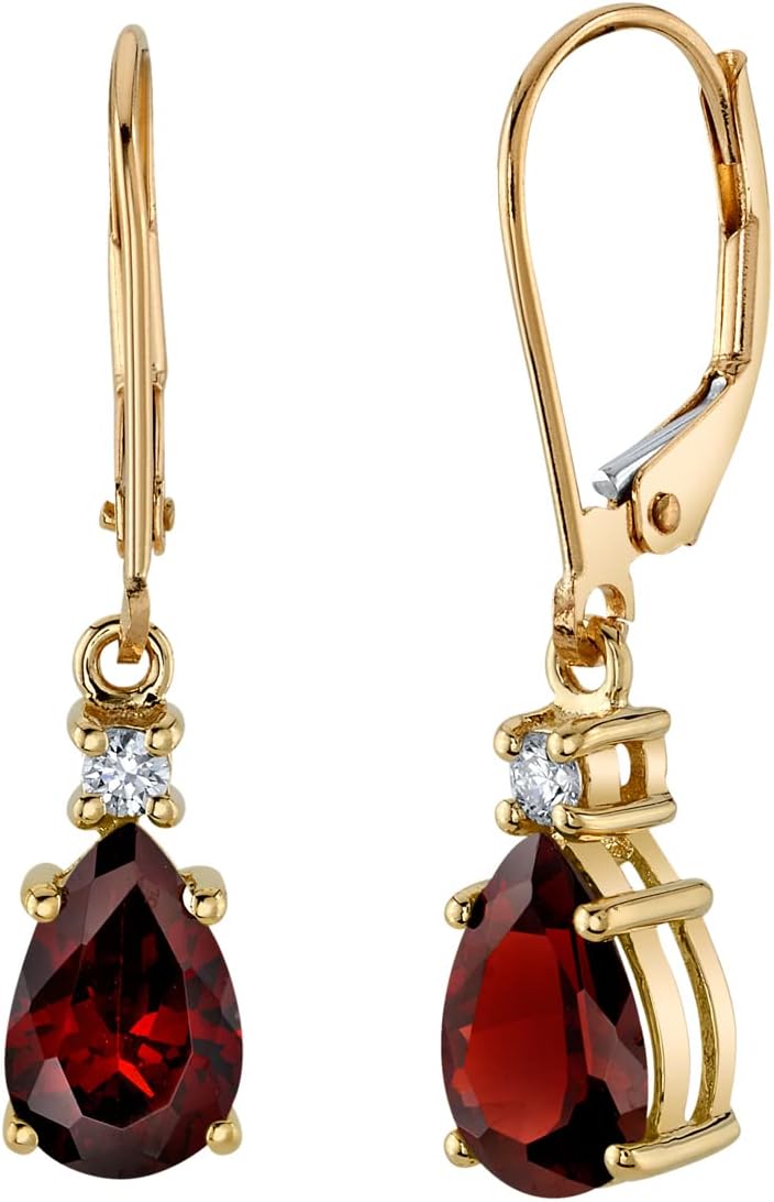 Peora 14K Yellow Gold Genuine Garnet and Diamond Teardrop Leverback Earrings for Women, 3.10 Carats total Pear Shape 9x6mm, Red, January Birthstone