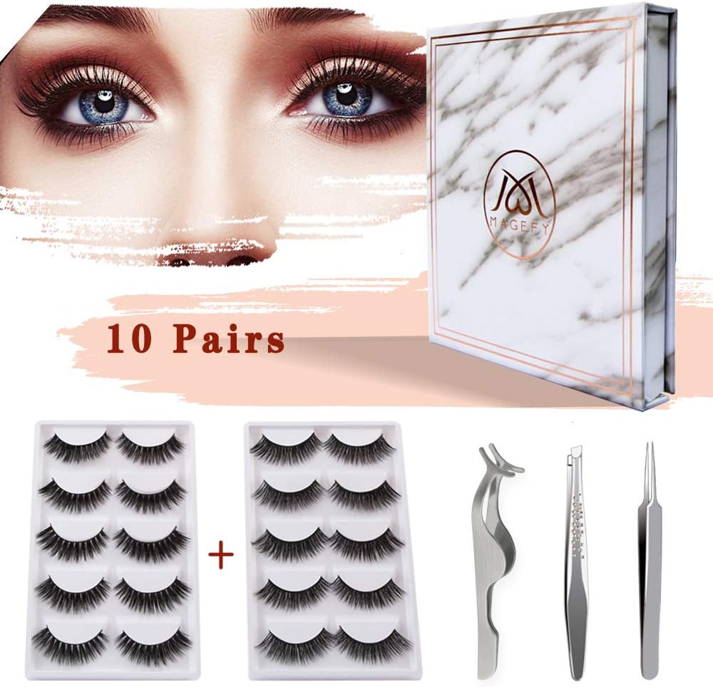 MAGEFY 10 Pairs 2 Styles Fake Eyelashes Reusable 3D Handmade False Eyelashes Set for Natural Look with False Lashes Applicator,Eyebrows Tweezer and Double Eyelid Stickers