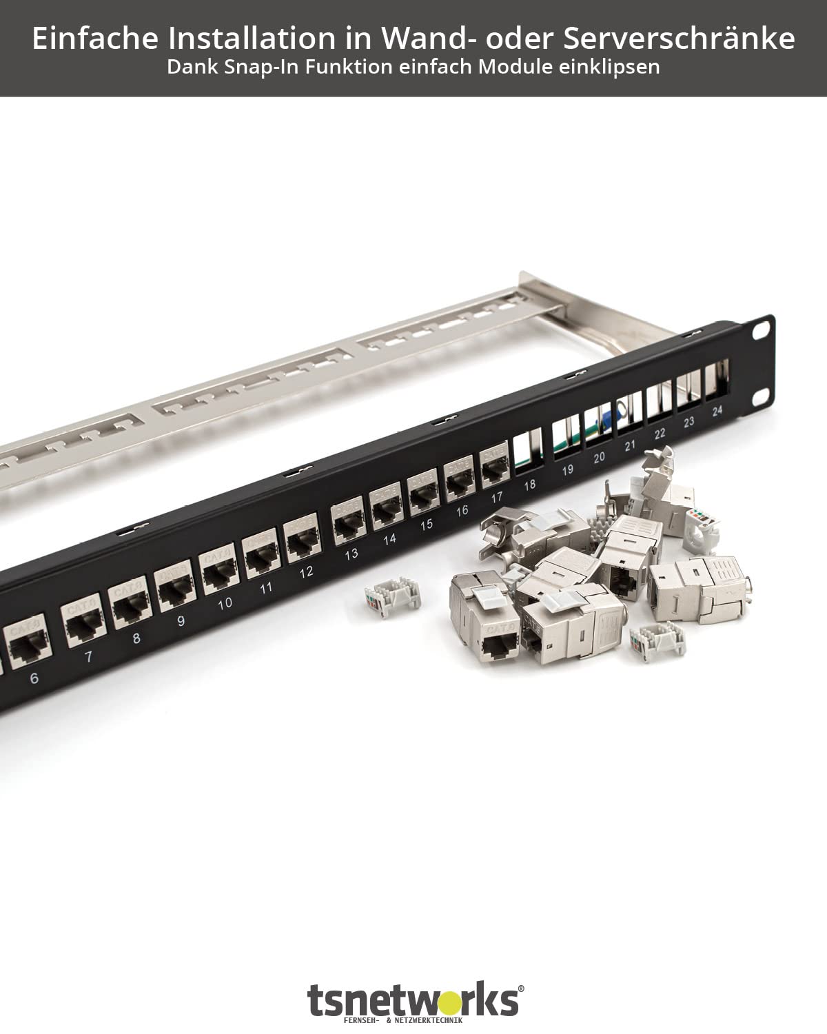 Panel de conexión de 24 puertos, 1U, 19 pulgadas, incluye 24 módulos Keystone Cat. 8.1, conector RJ45, 40 Gbits, STP totalmente apantallado, para cables AWG22-24, Cat. 7a, Cat. 6, Cat. 6,