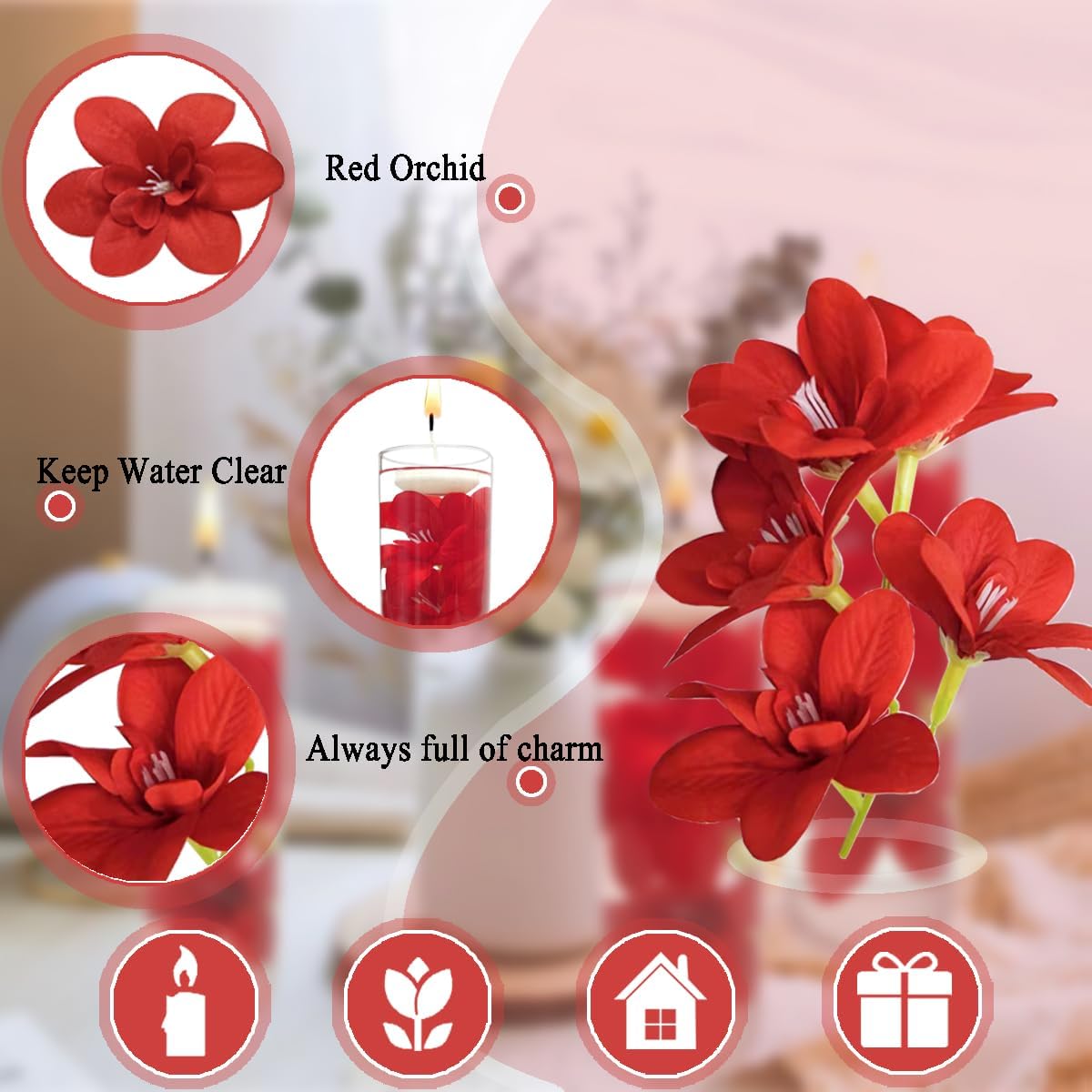 10 Pieces Orchid Faux Flowers Floating Candles Centerpiece Wedding Table Centerpieces Vase Fillers Filling for Wedding Birthday Party Table Decorations for DIY Craft Home Wedding Party (red)